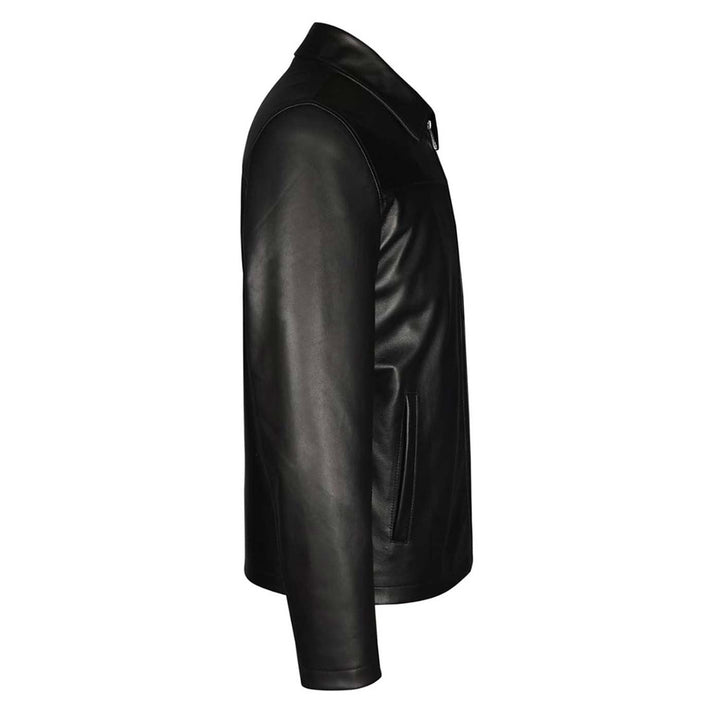 Close-up side view of a black leather jacket's collar and sleeve.