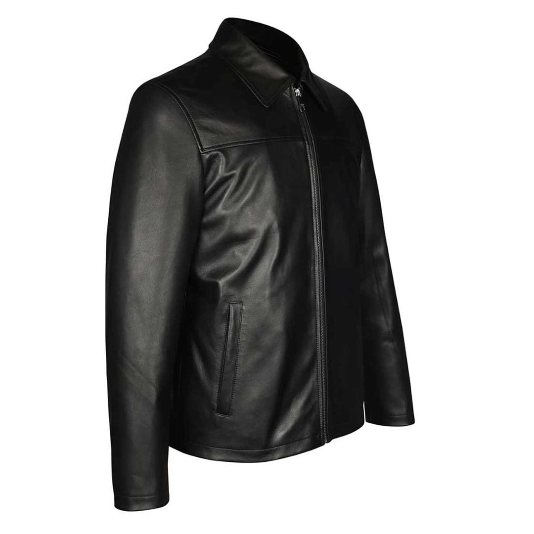 Side view of a black leather jacket showing the shirt collar and pocket.