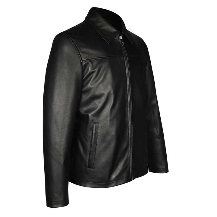 Side view of a black leather jacket showing the shirt collar and pocket.