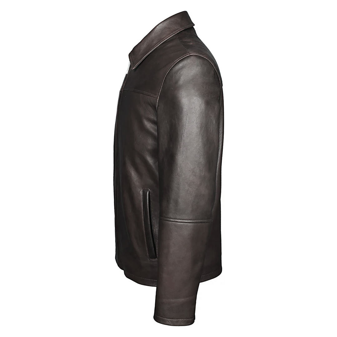 Back view of a man wearing a chocolate brown leather jacket.