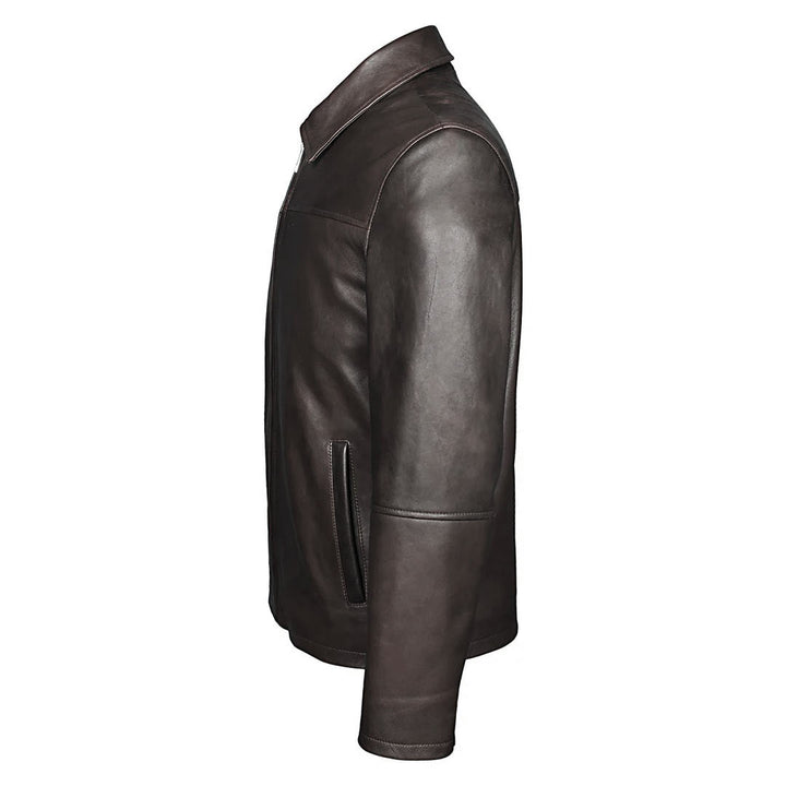 Back view of a man wearing a chocolate brown leather jacket.