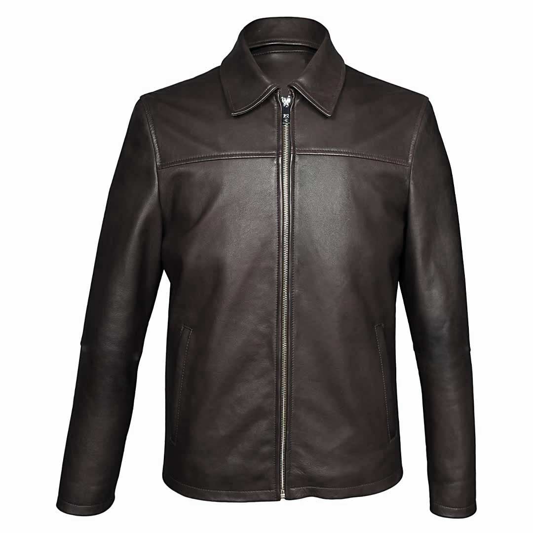 Man wearing a zipped-up chocolate brown leather jacket.