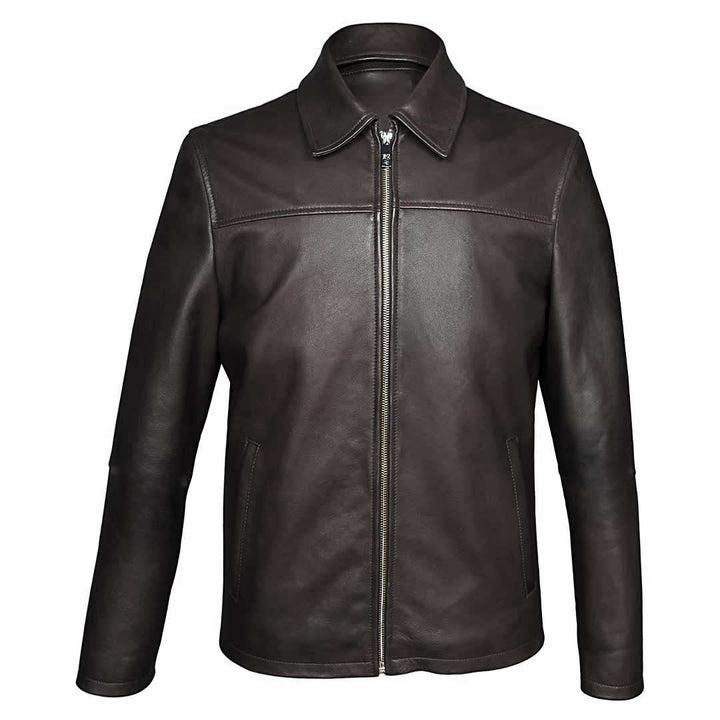 Man wearing a zipped-up chocolate brown leather jacket.