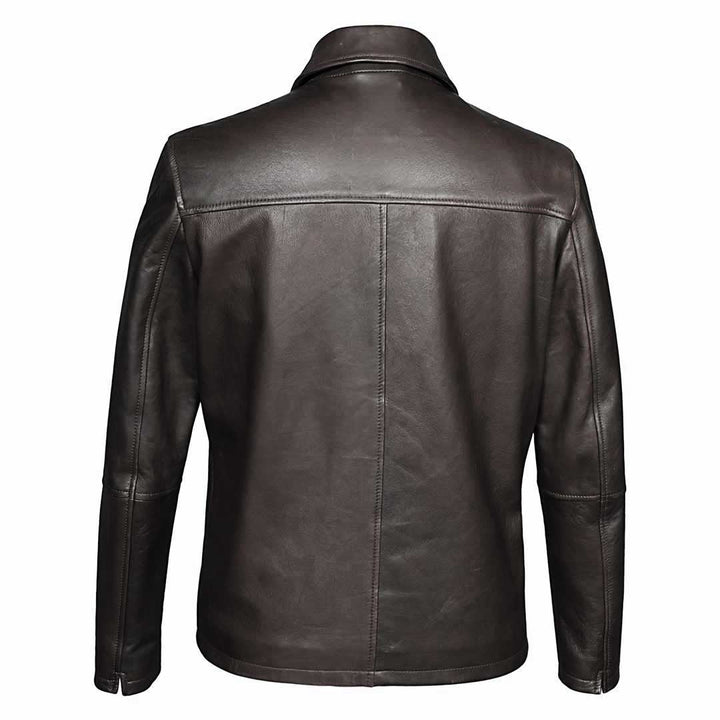 Full-length shot of a man wearing a chocolate brown leather jacket.