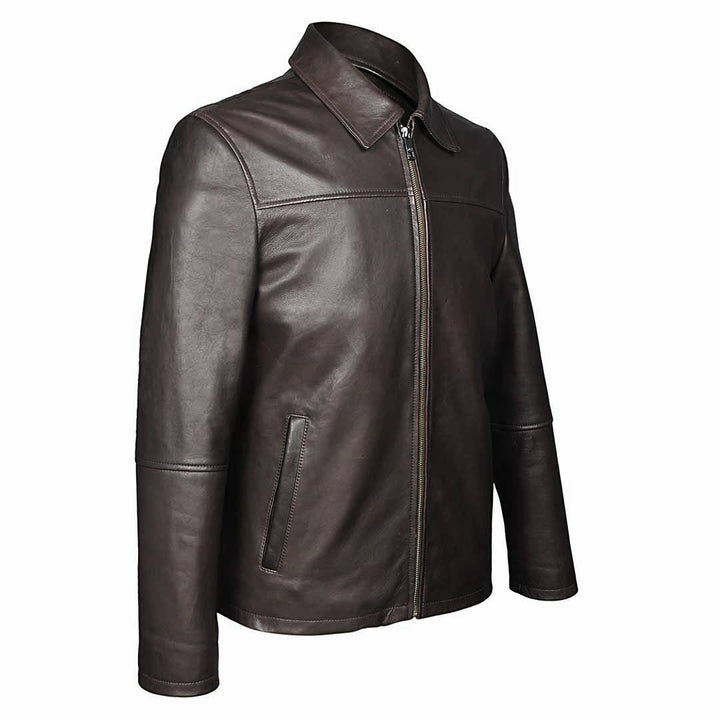 Side view of a man wearing a chocolate brown leather jacket.