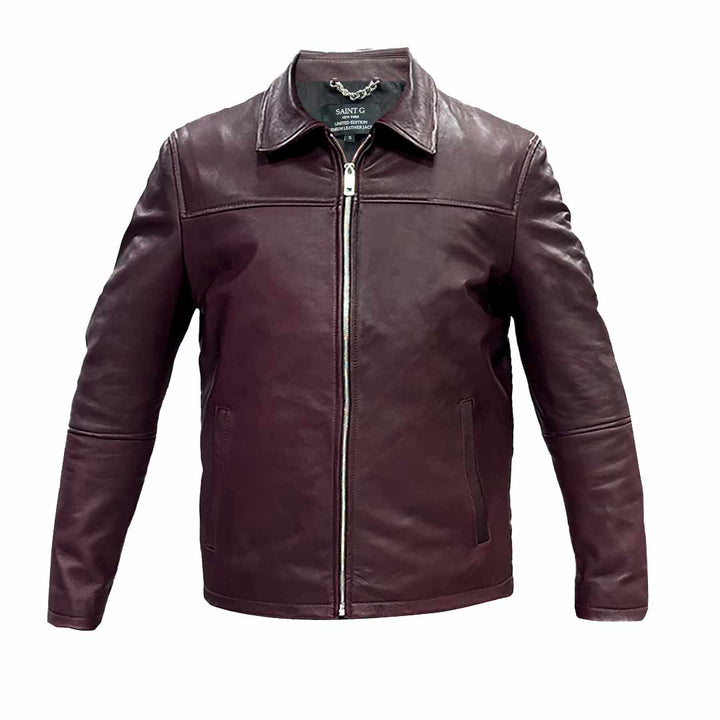 Maroon leather jacket with a shirt collar, shown zipped on a plain background.