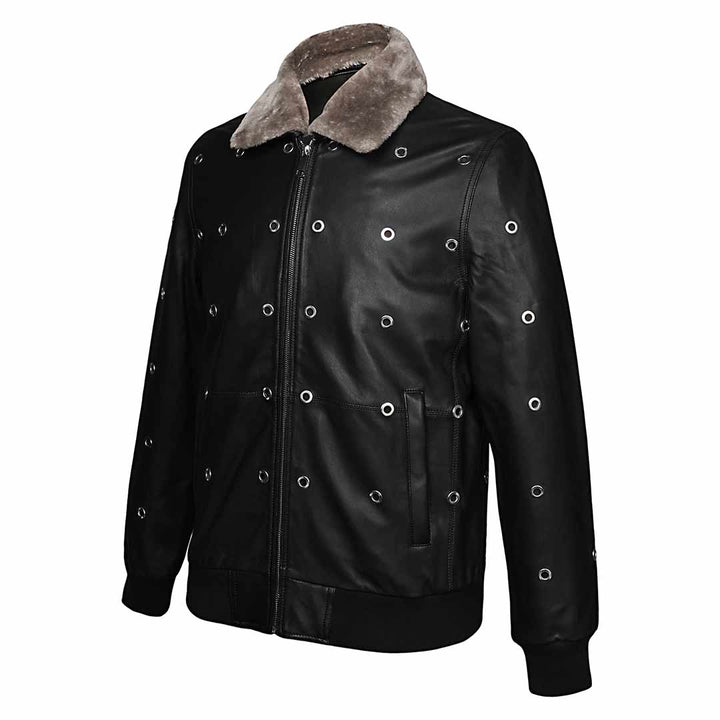 Angled view of a black leather bomber jacket with grommet hardware.
