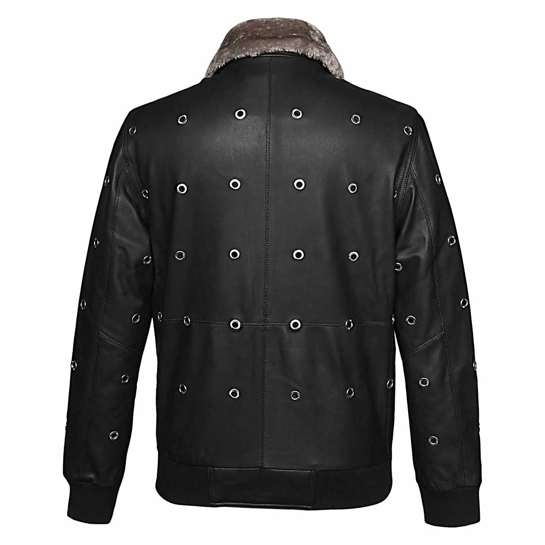 Back view of a black leather bomber jacket with grommet hardware.