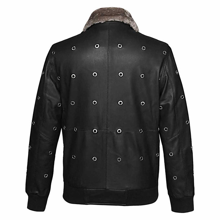 Back view of a black leather bomber jacket with grommet hardware.