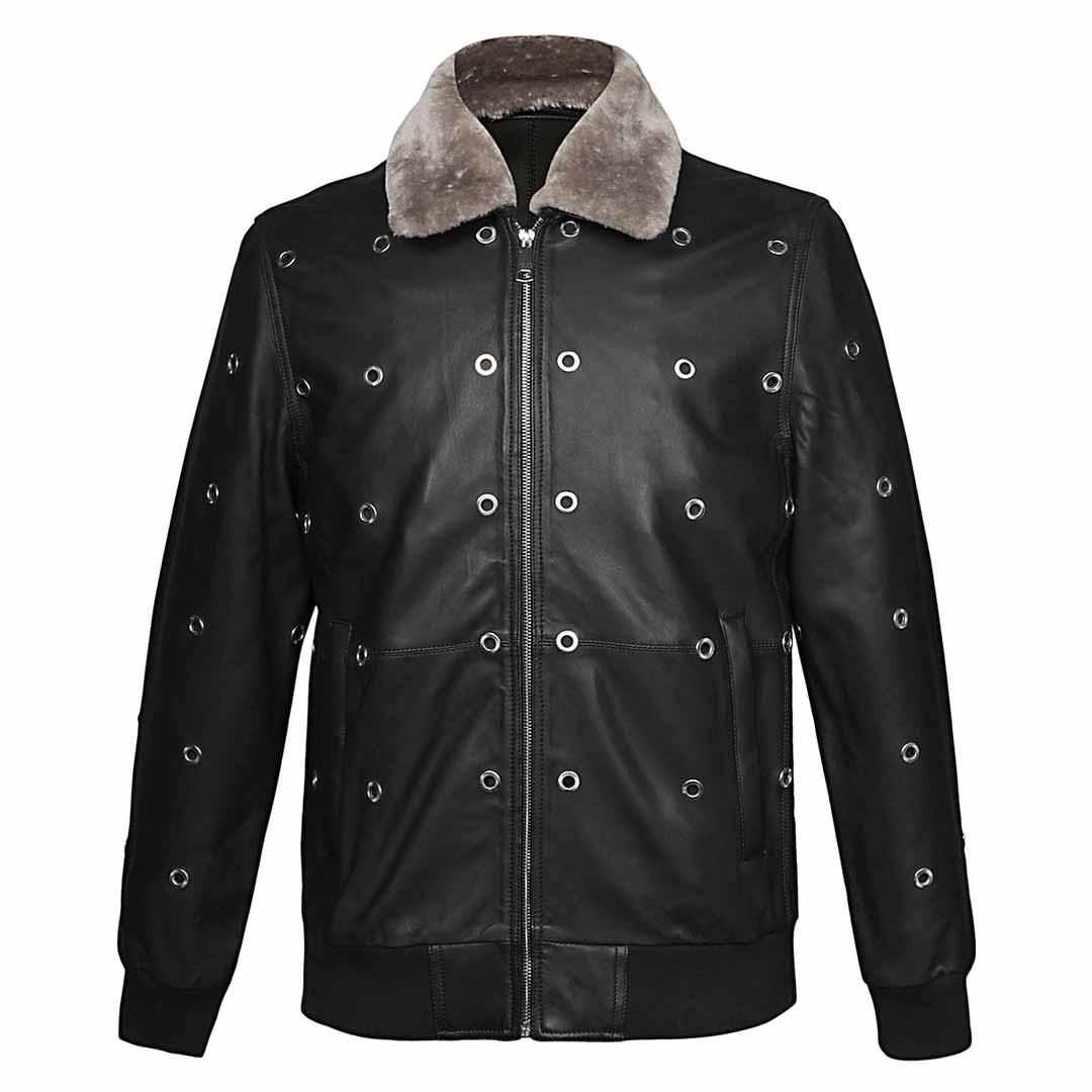 Close view of a black leather bomber jacket with grommet hardware and a shearling collar.