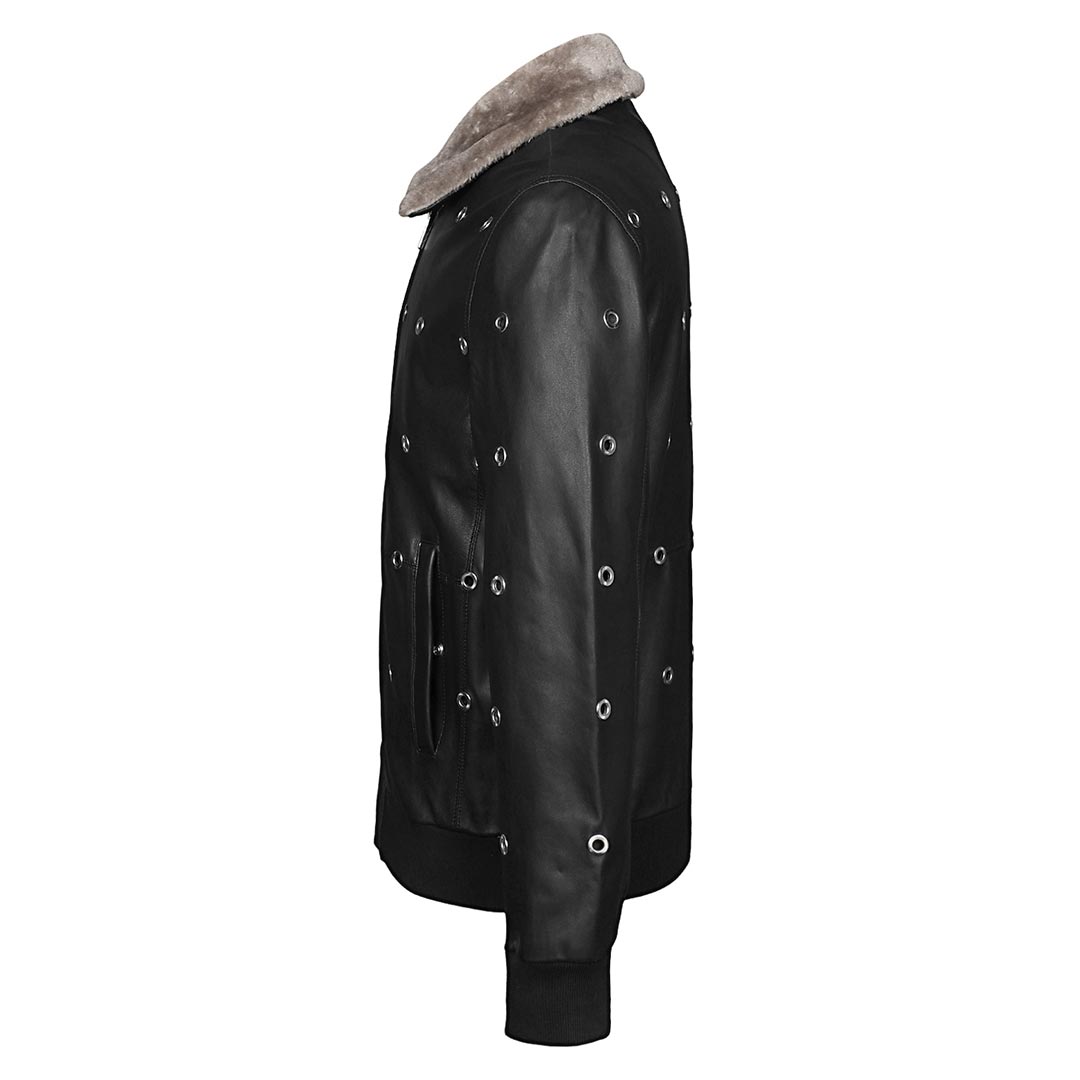 Side view of a black leather bomber jacket with grommet hardware.