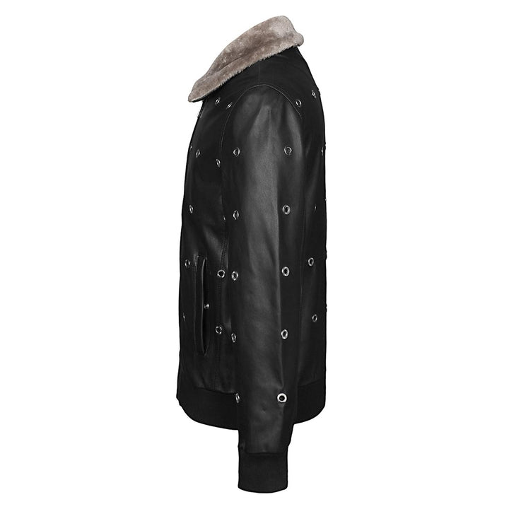 Side view of a black leather bomber jacket with grommet hardware.