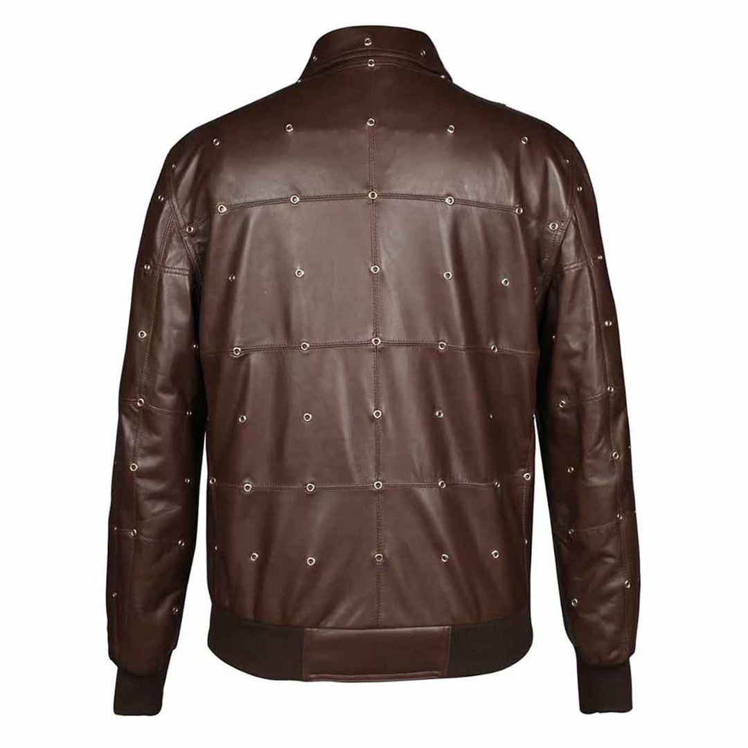 Back view of a brown leather bomber jacket showing the dome-stud detailing.