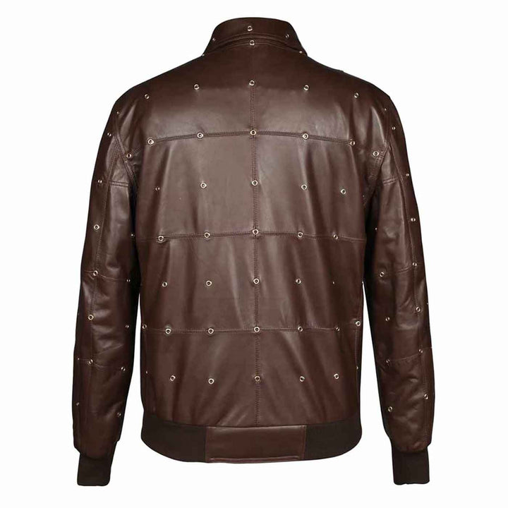 Back view of a brown leather bomber jacket showing the dome-stud detailing.