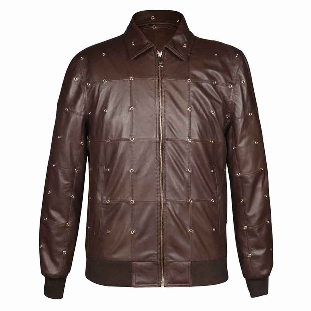 Brown leather bomber jacket covered in dome studs, shown on a plain background.