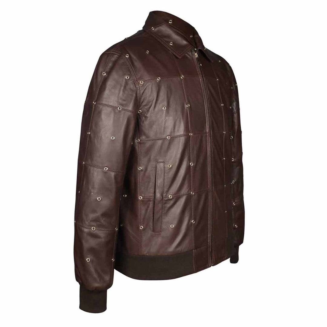 Side view of a brown leather bomber jacket showing the dome-stud detailing.