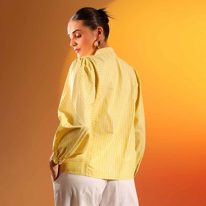 Women's amber stripe cotton shirt by Saint Kaeloryn, back view with puff sleeves.
