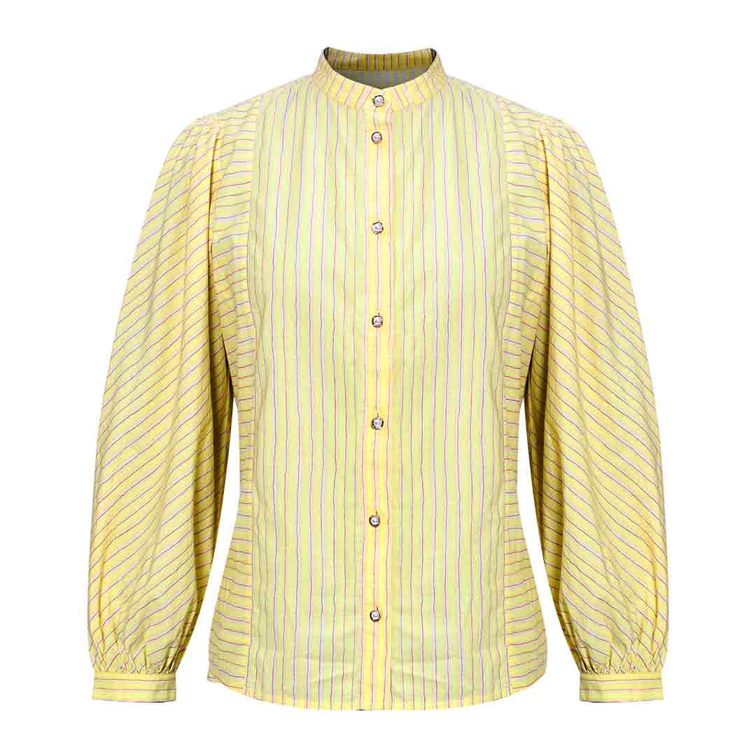 Saint Kaeloryn amber stripe cotton shirt for women UK, shown flat with band collar and puff sleeves.