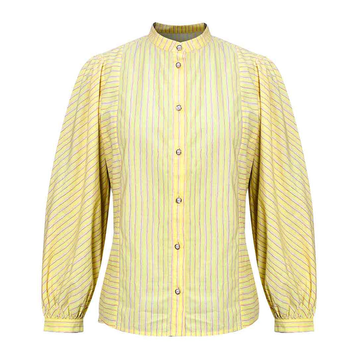Saint Kaeloryn amber stripe cotton shirt for women UK, shown flat with band collar and puff sleeves.