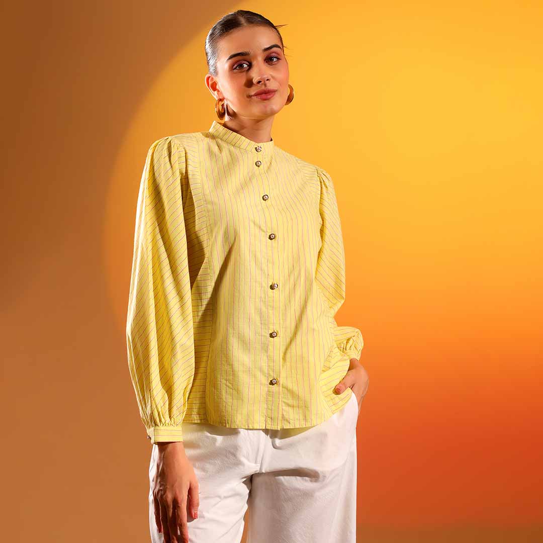 Saint Kaeloryn amber stripe cotton shirt for women UK, close front view showing band collar and button placket.