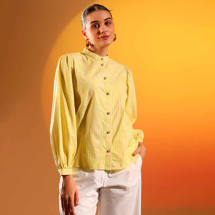 Saint Kaeloryn amber stripe cotton shirt for women UK, close front view showing band collar and button placket.