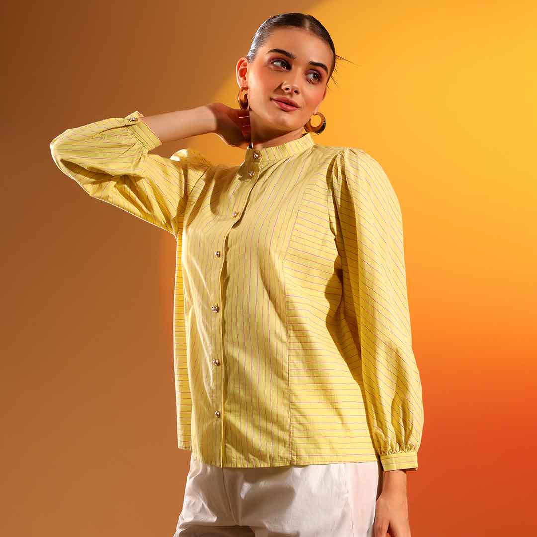 Saint Kaeloryn amber stripe cotton shirt for women UK, side view.