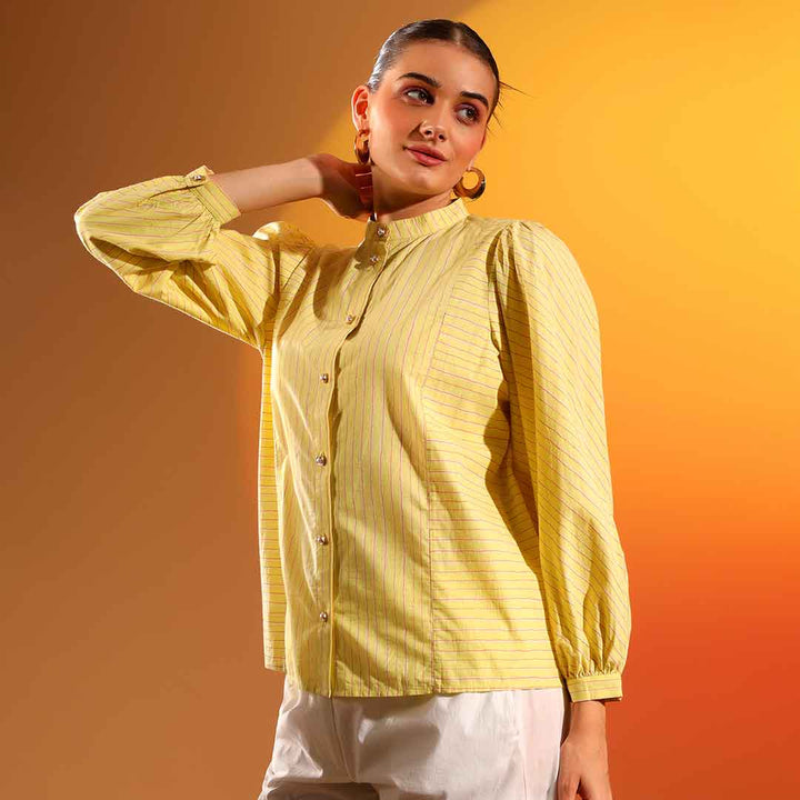 Saint Kaeloryn amber stripe cotton shirt for women UK, side view.