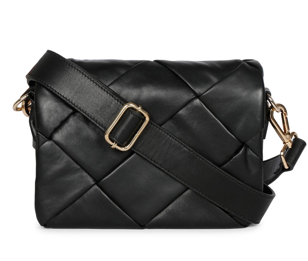 Saint Kate black woven leather flap cross body bag for women UK, front view with wide strap and gold-tone buckle.