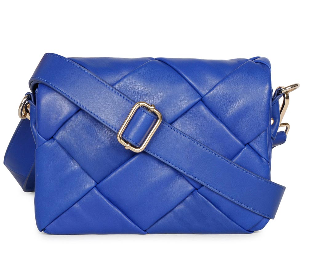 Saint Kate blue woven leather flap cross body bag for women UK, front view with wide strap and gold-tone buckle.