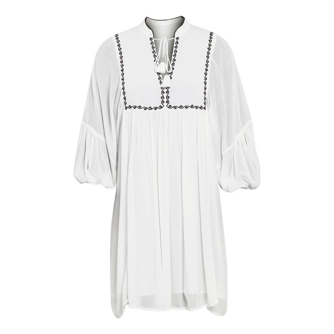 Saint Kay white viscose crepe dress for women UK, shown flat with embroidered yoke trim and tie neck.