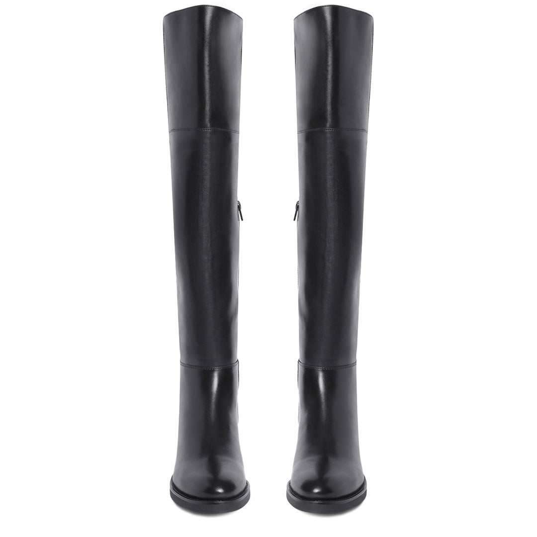 Women's black leather above the knee boots UK, front pair view