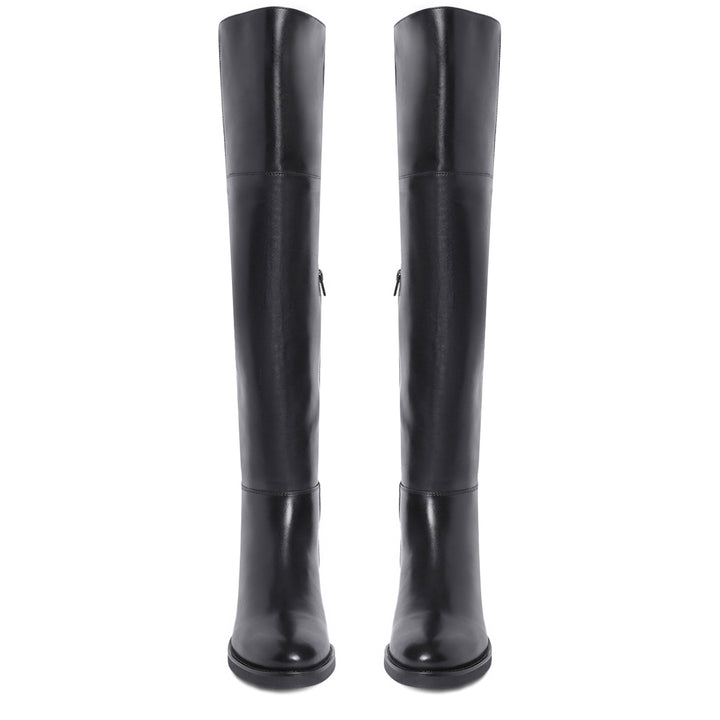 Women's black leather above the knee boots UK, front pair view
