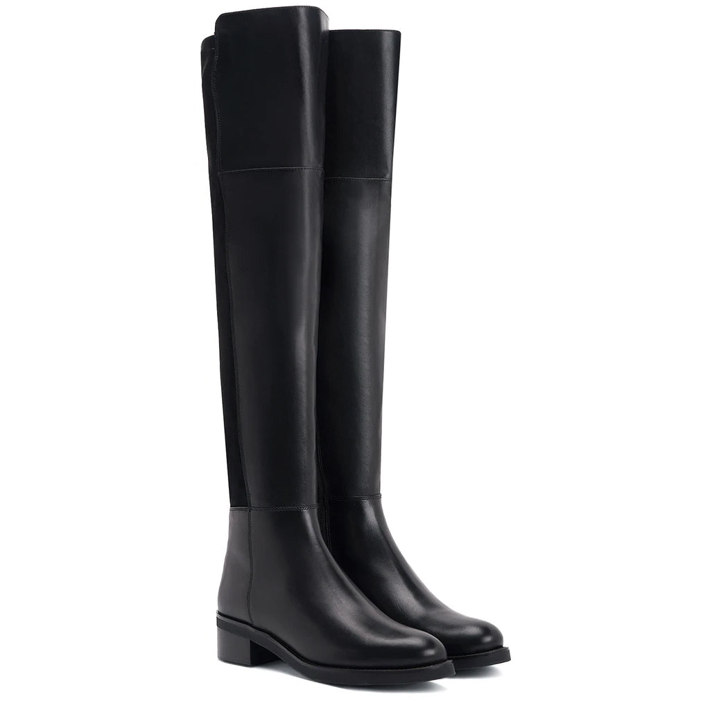 Black leather above the knee boots for women UK, pair view showing suede-leather panel