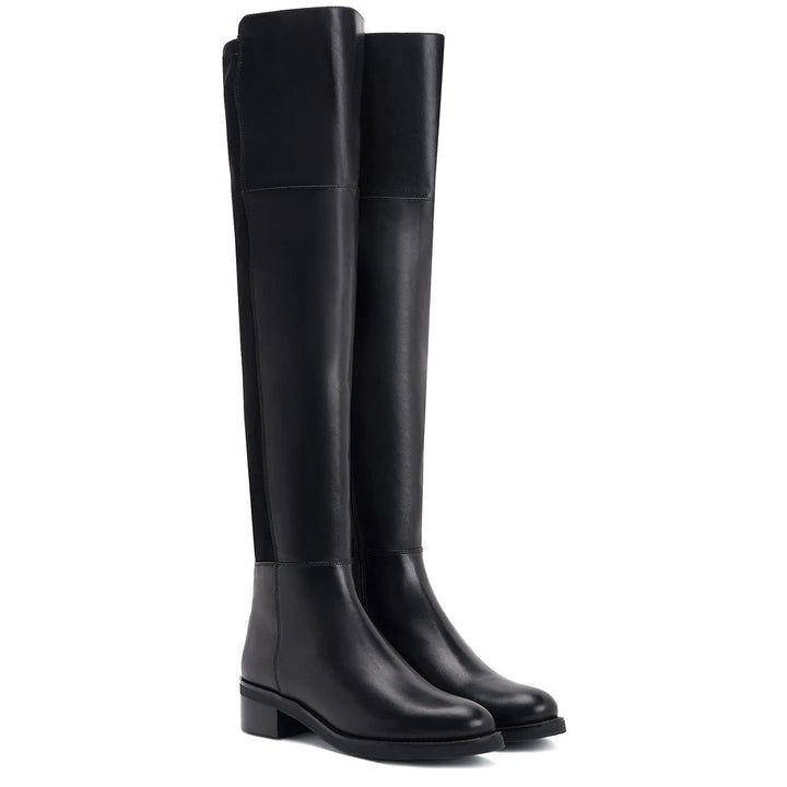 Black leather above the knee boots for women UK, pair view showing suede-leather panel