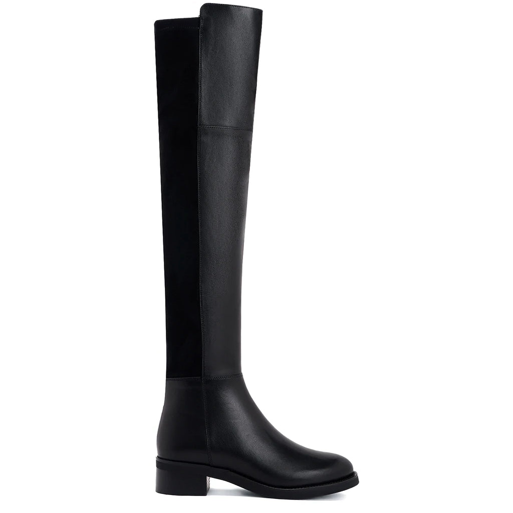 Saint Kayleigh black leather above the knee boots for women UK, side view of two-tone paneling