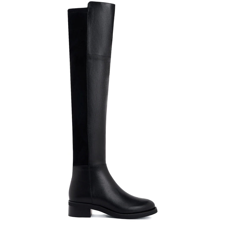 Saint Kayleigh black leather above the knee boots for women UK, side view of two-tone paneling