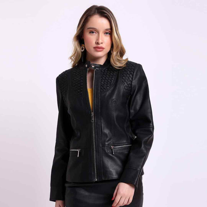 Close-up of quilted shoulder detail on Saint Kinsley black leather cafe racer jacket UK