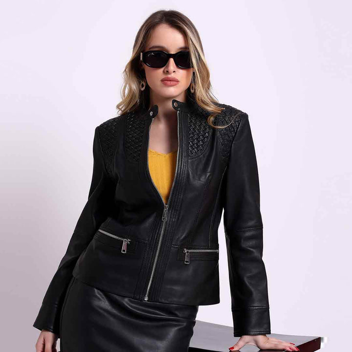 Saint Kinsley black leather cafe racer jacket for women UK, front view with quilted shoulder panels