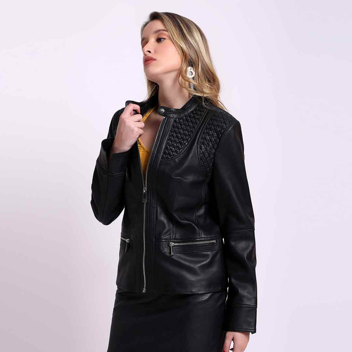 Black leather cafe racer jacket for women UK, side view showing snap collar and zip pockets
