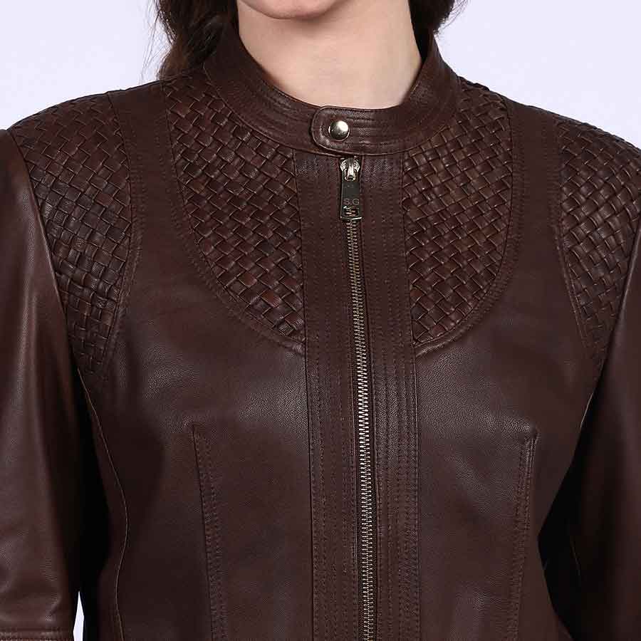 Close-up of woven leather shoulder panel on Saint Kinsley brown leather jacket UK