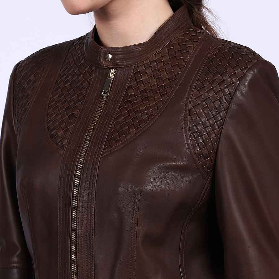Close-up of snap collar and woven detail on Saint Kinsley brown leather jacket UK
