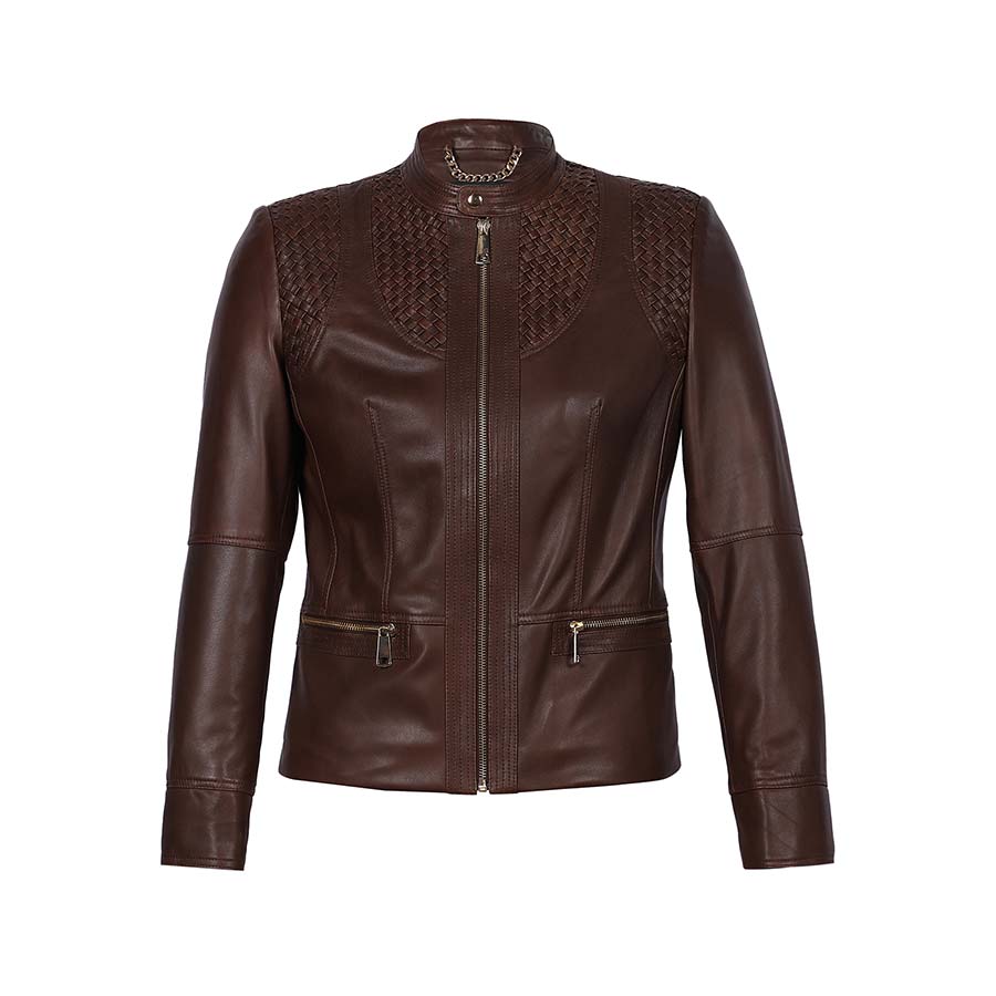Saint Kinsley brown leather cafe racer jacket UK, flat product shot