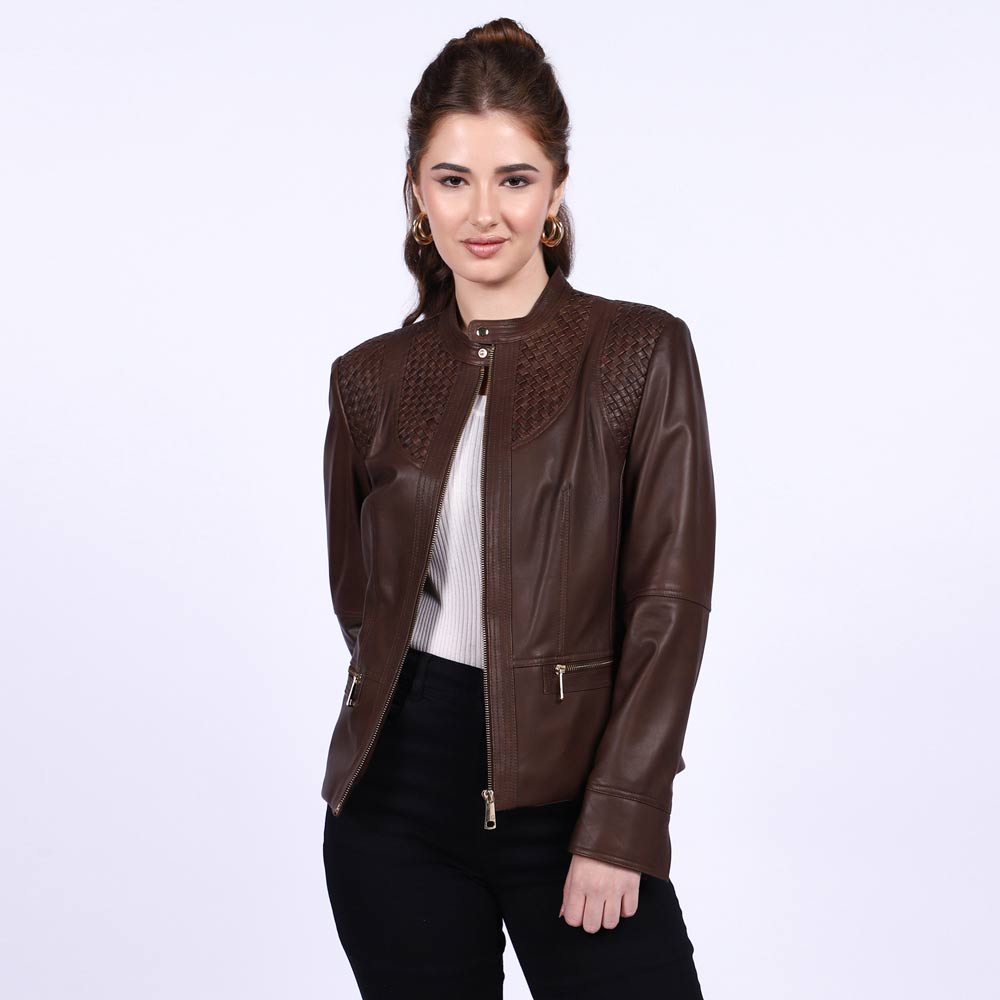 Saint Kinsley brown leather cafe racer jacket for women UK, front view with woven shoulder detail