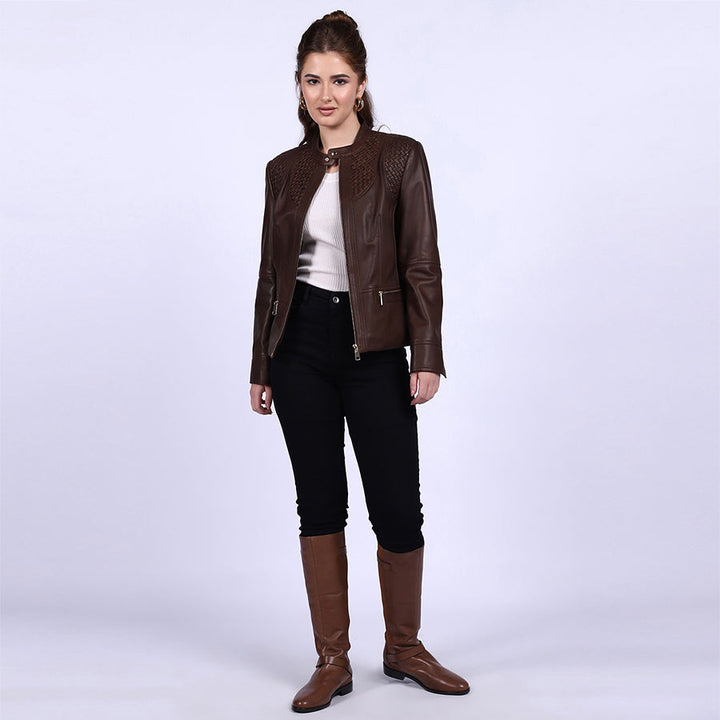Brown leather cafe racer jacket for women UK, styled full-length lifestyle shot with boots