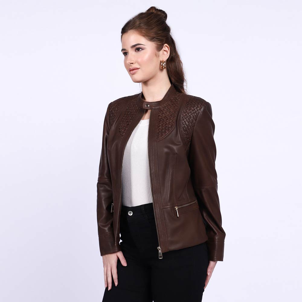 Women's brown leather cafe racer jacket UK by Saint Kinsley, side view