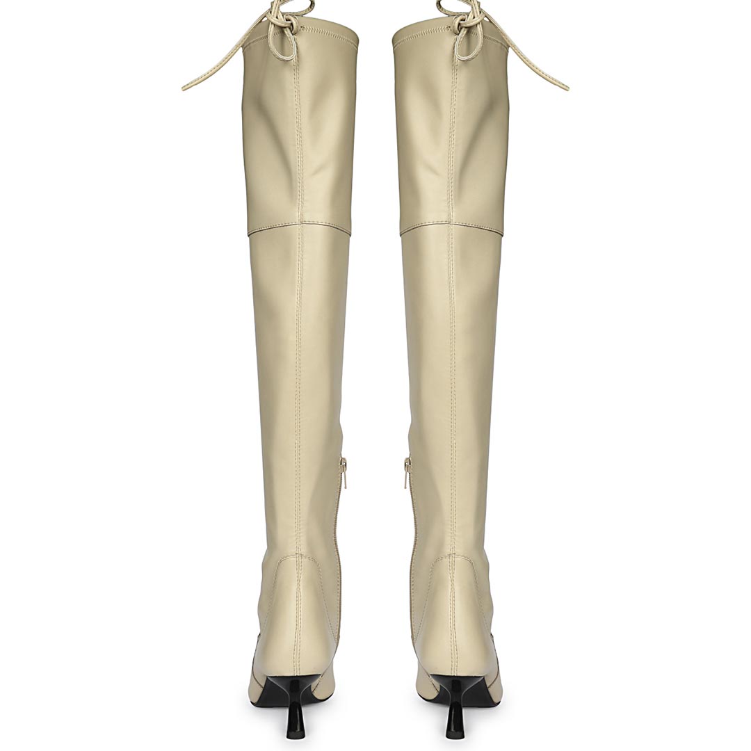 Saint Laurine beige above the knee boots UK, back pair view showing drawstring cuff