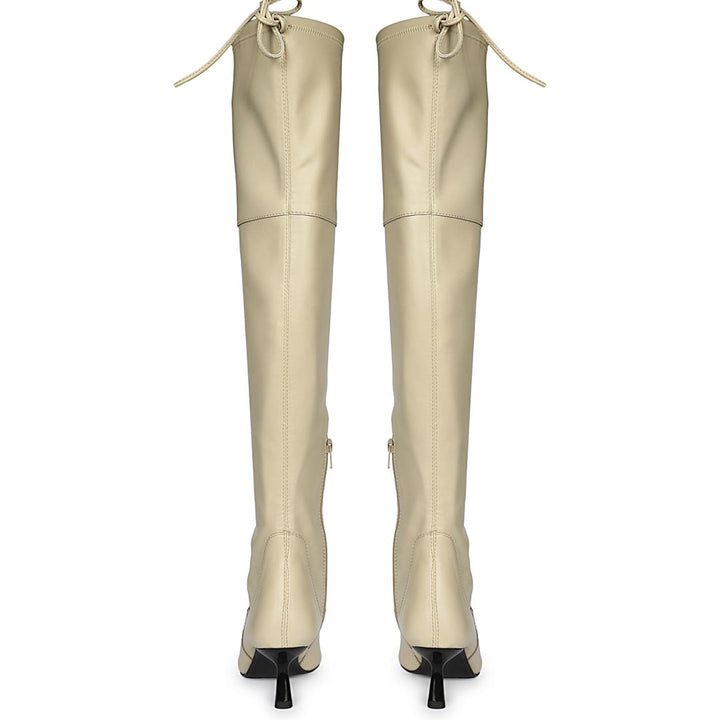 Saint Laurine beige above the knee boots UK, back pair view showing drawstring cuff