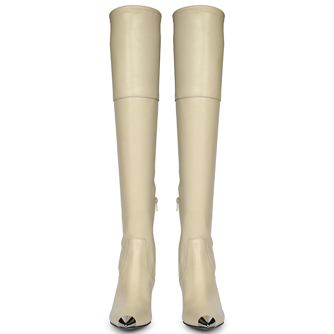 Women's beige above the knee boots UK, front pair view of metallic toe cap