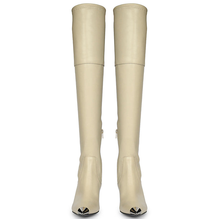Women's beige above the knee boots UK, front pair view of metallic toe cap