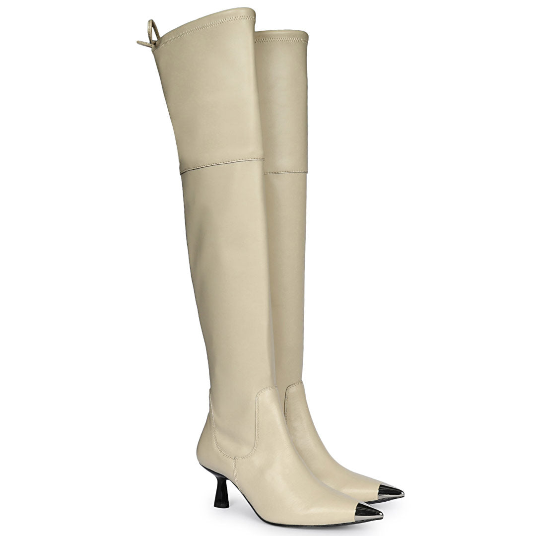 Beige stretch above the knee boots for women UK, alternate side view showing contrast heel